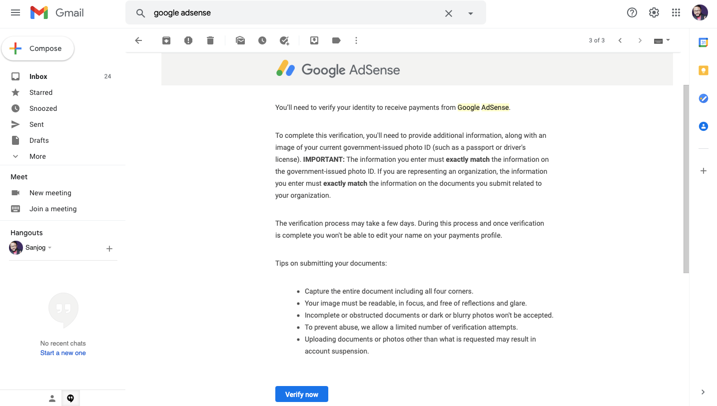 How to do Identity verification for Google AdSense